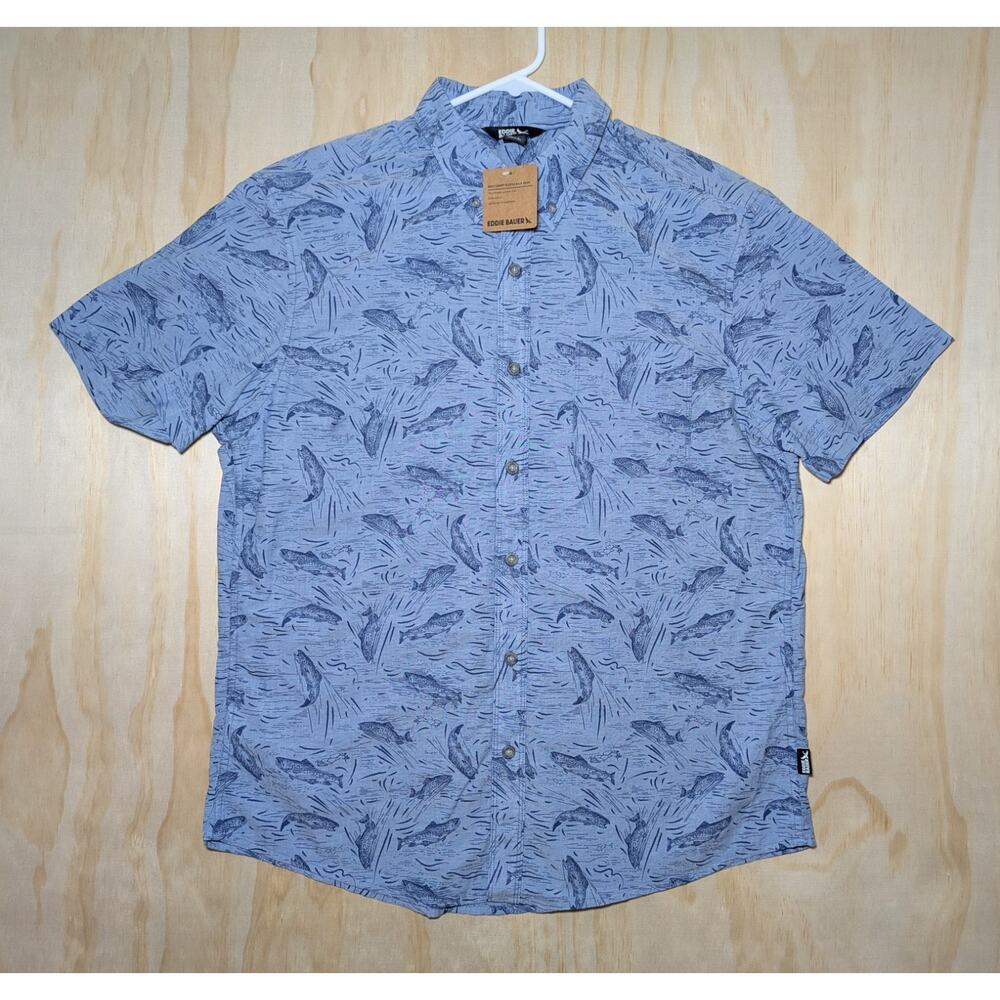 Eddie Bauer Men's Large Baja Shirt Short Sleeve Blue Fish Trout Cotton NEW